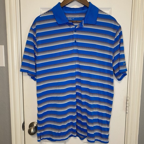 Nike Polo Golf Shirt Dri Fit‎ Performance Short Sleeve Blue Striped Men's Large - Picture 1 of 4